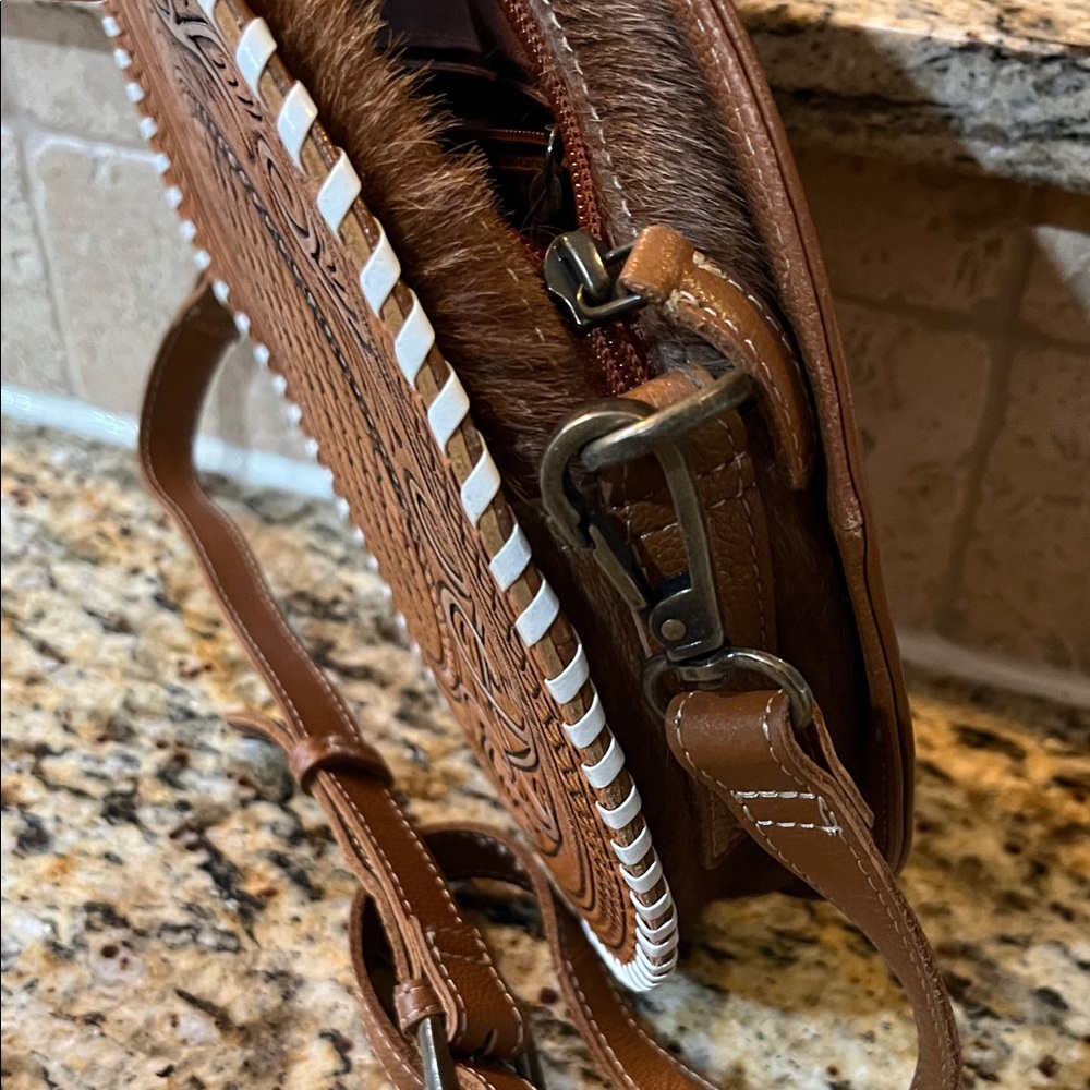 Myra Bag Brown Tooled Leather Round Crossbody with Hair-On Wallet - Picture 3 of 8